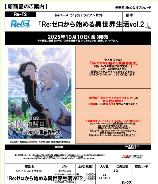 画像1:  【予約商品】  Reバース for you トライアルセット『Re:ゼロから始める異世界生活vol.2』 BOX（4デッキ入り） 【25年10月10日発売】 (1)