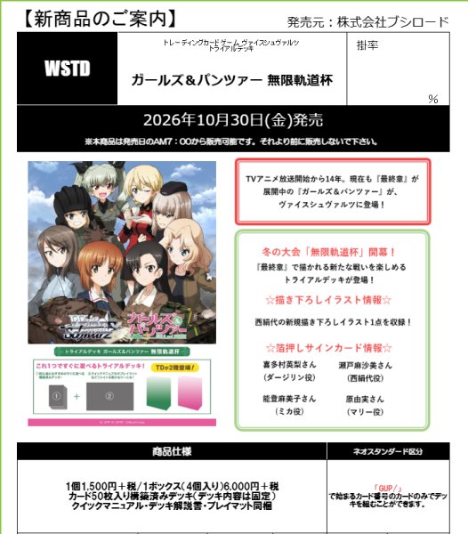 画像2:  【予約商品】  ヴァイスシュヴァルツ  『ガールズ＆パンツァー 無限軌道杯』トライアルデッキ BOX（4デッキ入り） 【26年10月30日発売】 (2)