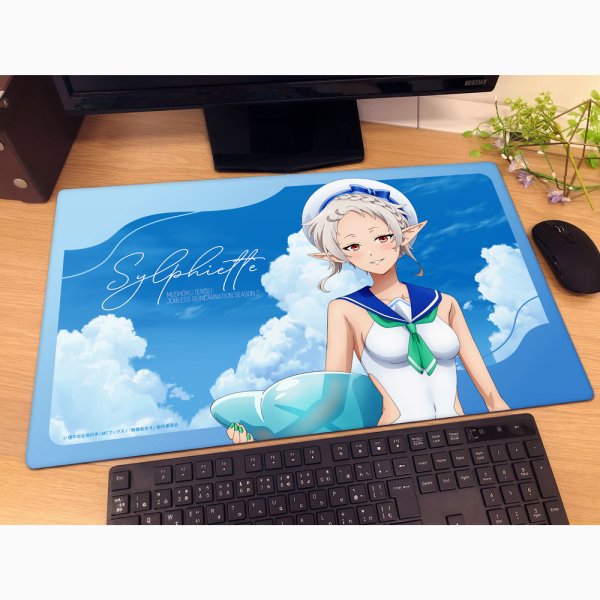 画像2:  【再販予約商品】  カーテン魂　無職転生II 〜異世界行ったら本気だす〜 描き下ろしラバーマット（シルフィエット／マリンセーラー水着） 【26年12月上旬再販】 (2)